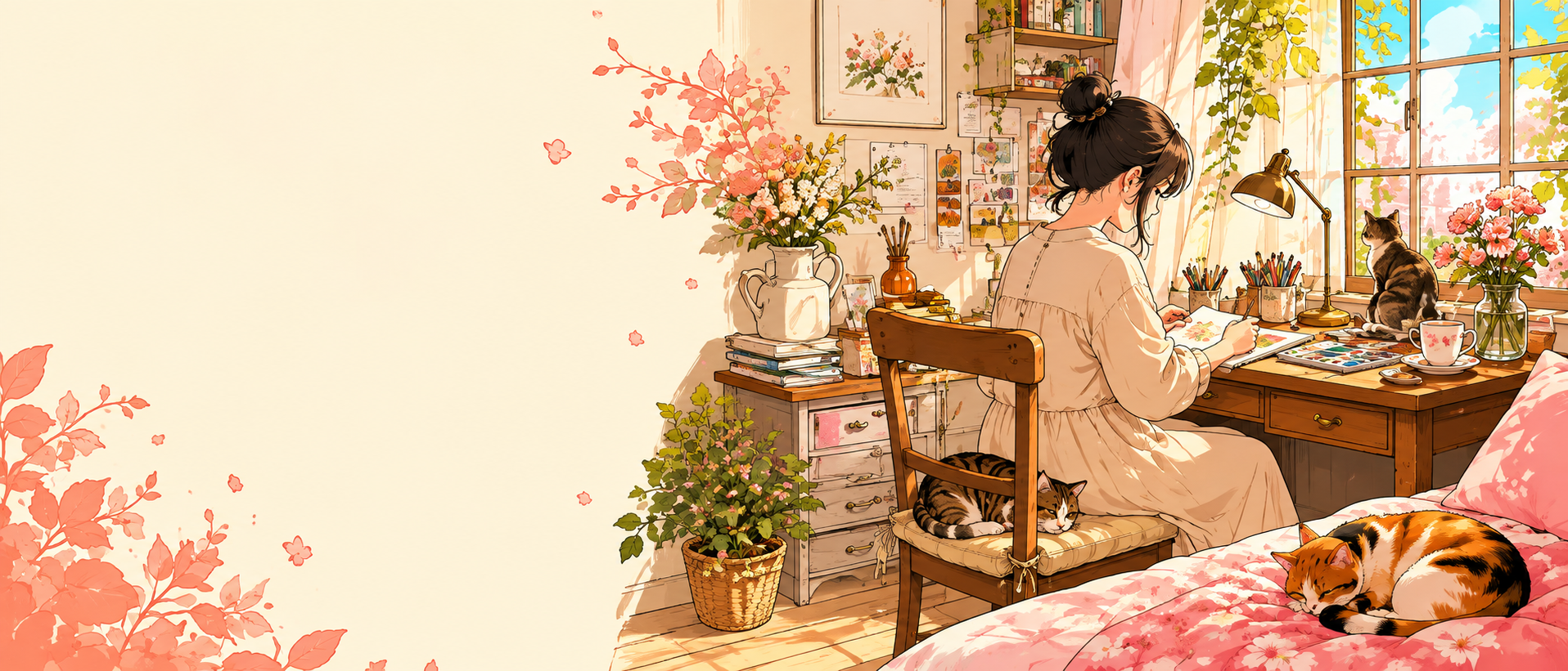 猫と花のある部屋で過ごす暮らしのイメージ