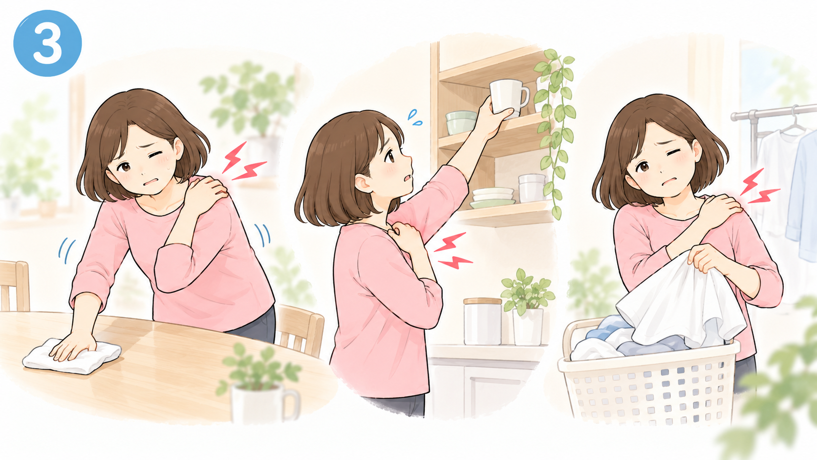 肩の痛みで机拭きや物を取る動作、洗濯などの日常生活に困った時期の体験イラスト